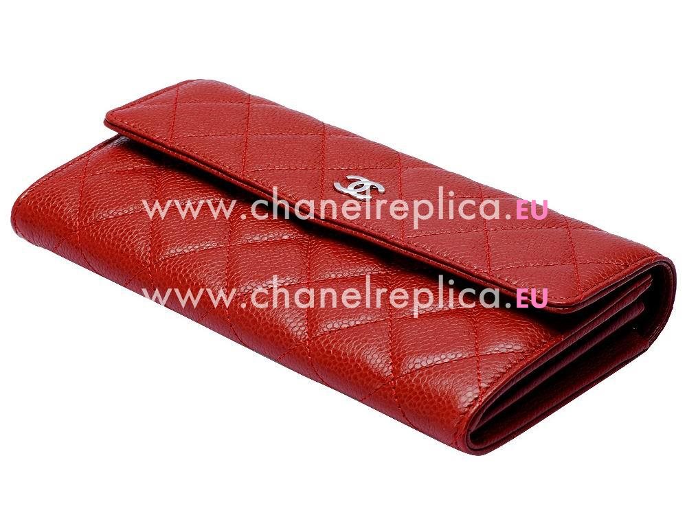 Chanel Caviar Silver CC Long Wallet In Red A51877