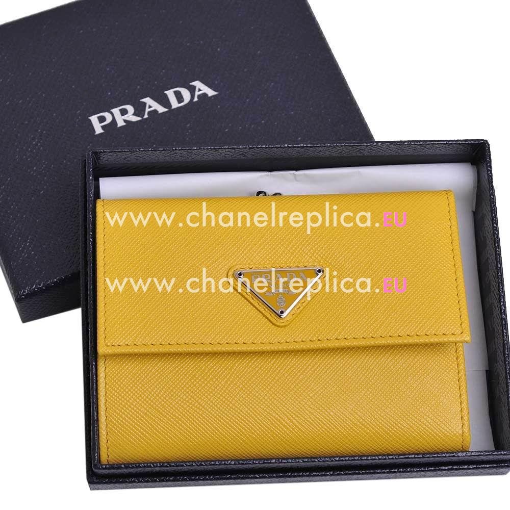 Prada Saffiano Triang Embossment Logo Cowhide Loose Change Wallet In Light Yellow PR61017026