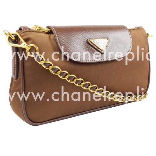 Prada Triangle Logo Plate Gold Cluch Nylon Bag In Coffee PBT0779