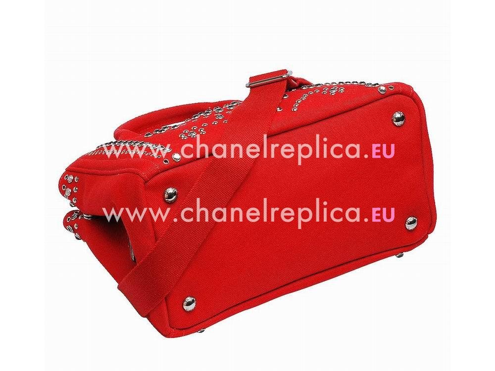 Prada Canapa Emboss Logo Denim Shoulder Bag Rose Red BN57339