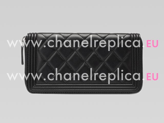 Chanel Boy Lambskin Antique-Silver Zipper Wallet Black A40038
