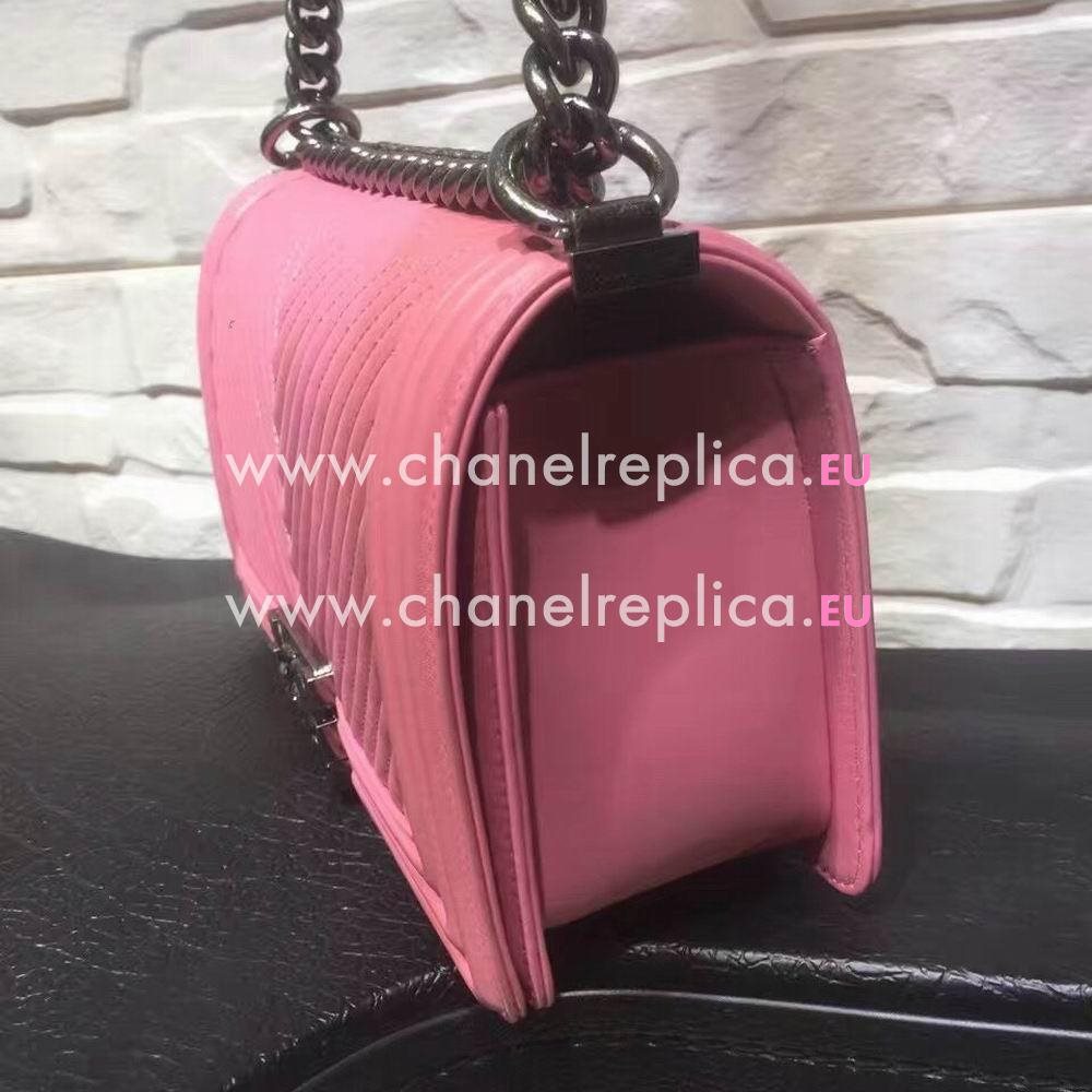CHANEL Boy V Lines Cuprum Anti Silvery Hardware Sheepskin Bag in Pink C7032205