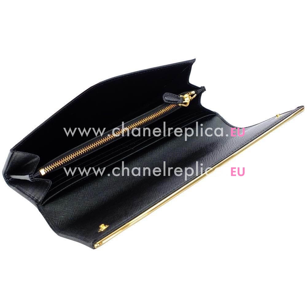 Prada Saffiano Pattina Embossment Logo Cowhide Wallet In Black PR61017021