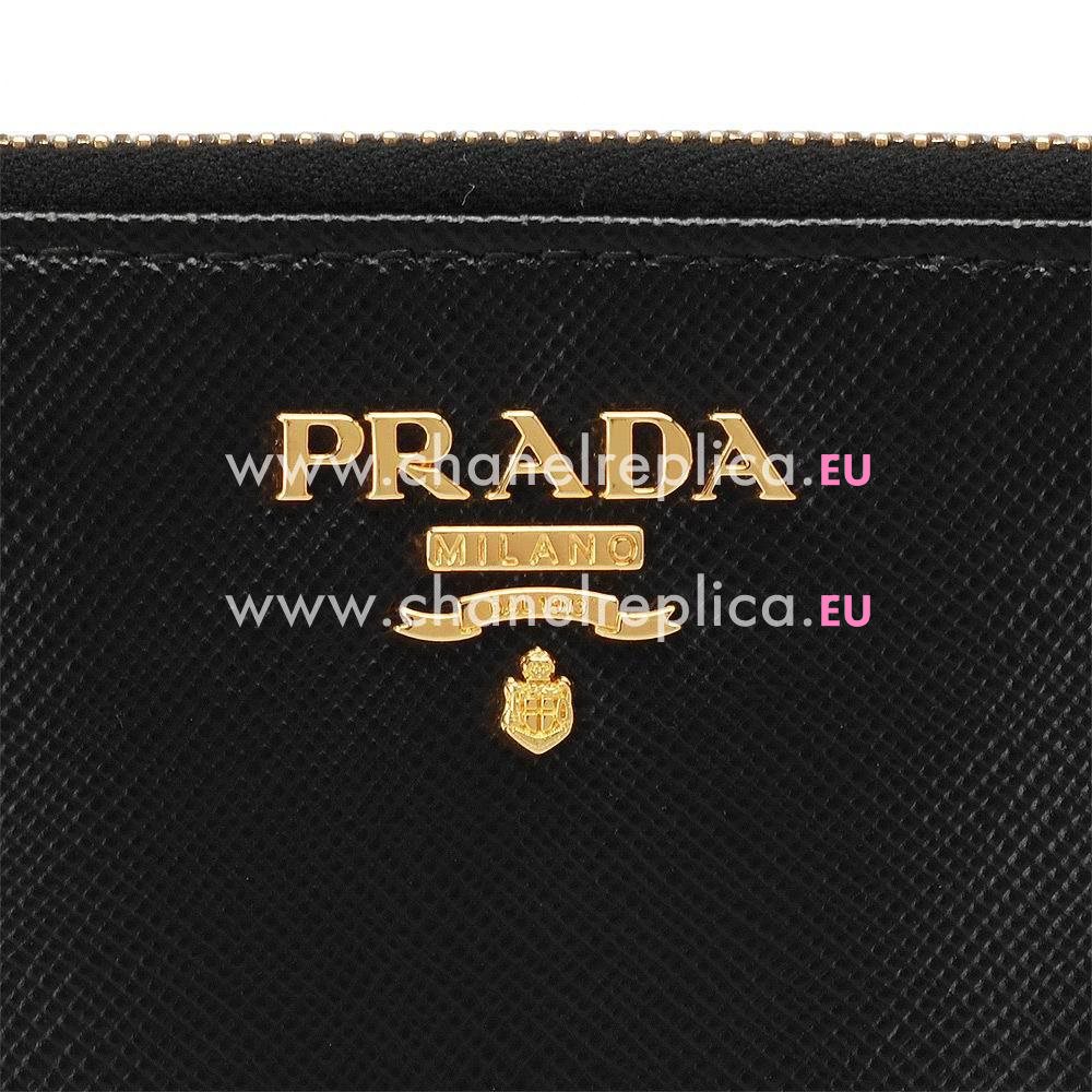 Prada Saffiano Gold Embossment Logo Cowhide Zipper Wallet In Black PR61017040