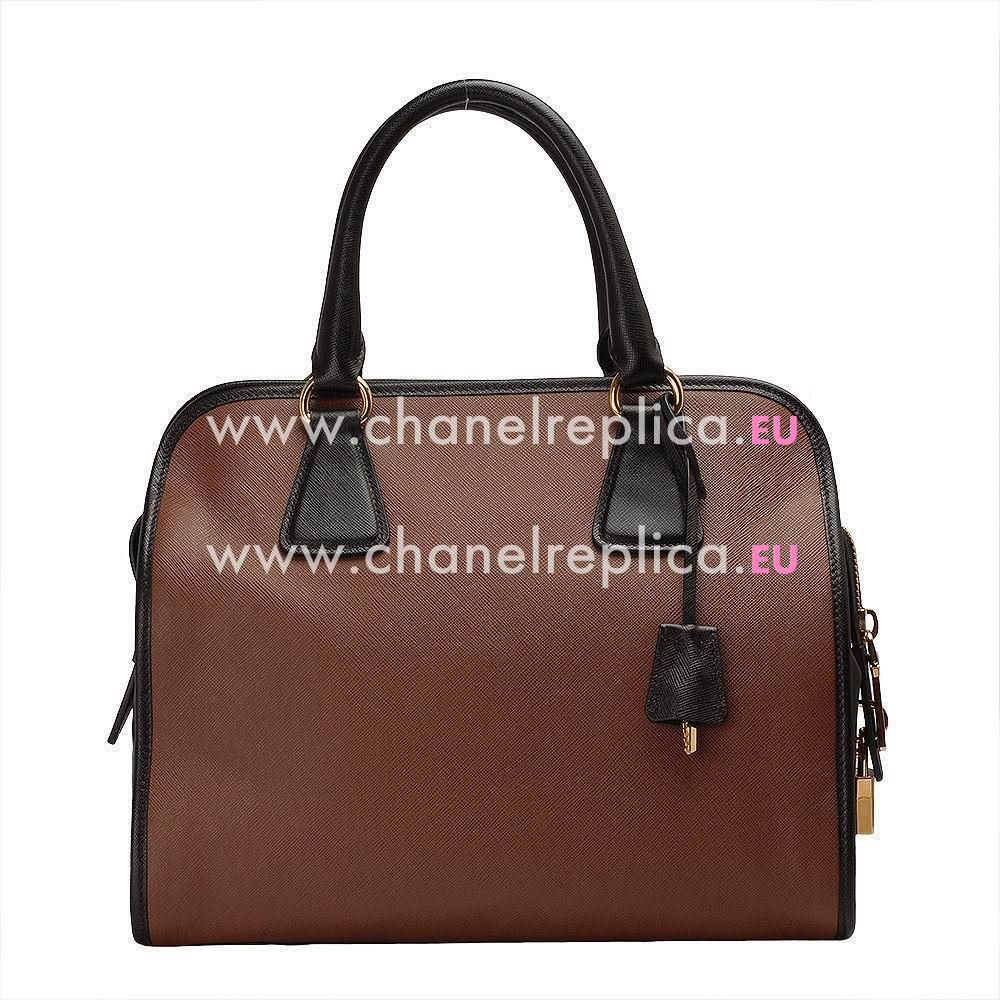 Prada Soft Saffiano Triangle Logo Cowhide Bag Black/Light Brown PR538846