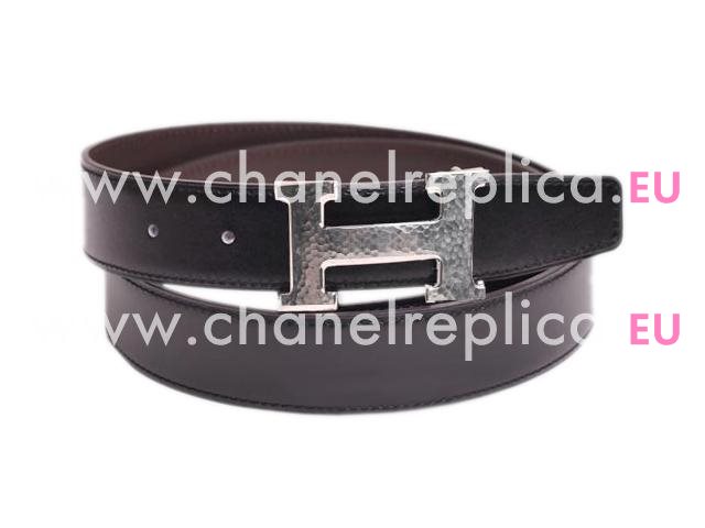 Hermes Big Silver H Black and Coffee Box Leather Two-sided Belt HB22147