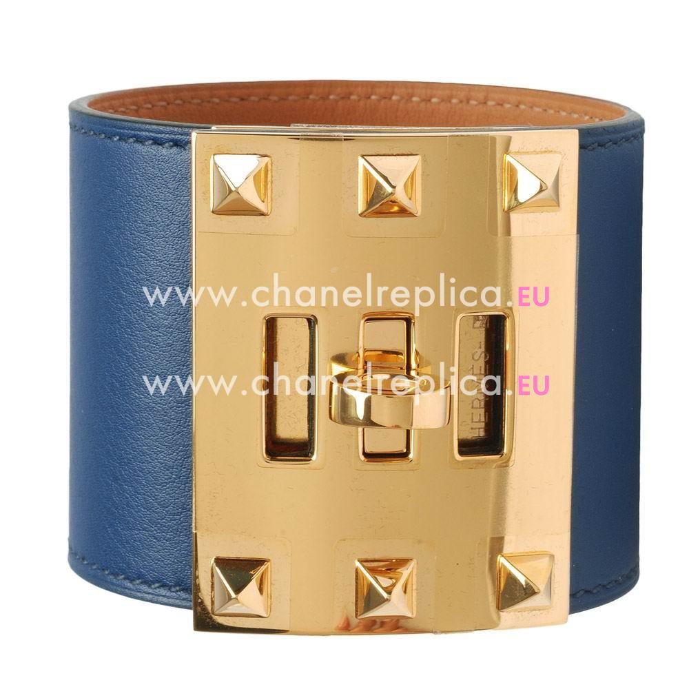 Hermes Goat Skin Collier De Chien Rivets of Metal R-Bracelet Blue/Gold HE57909