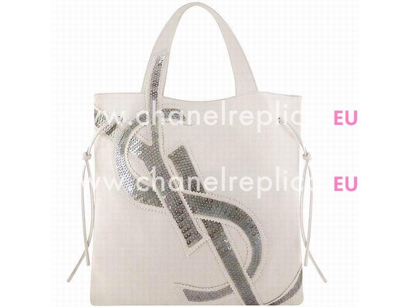 YSL CABAS PETIT CABAS Y Calfskin Canvas Bag In White YSL5178649