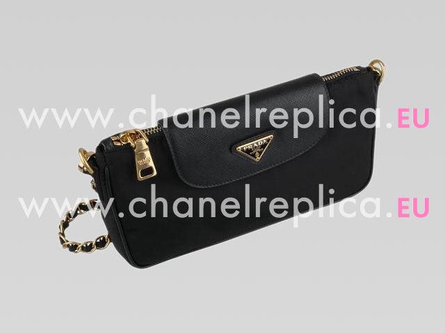Prada Bandoliera Gold Triangle Logo Plate Cluch Bag In Black P371046