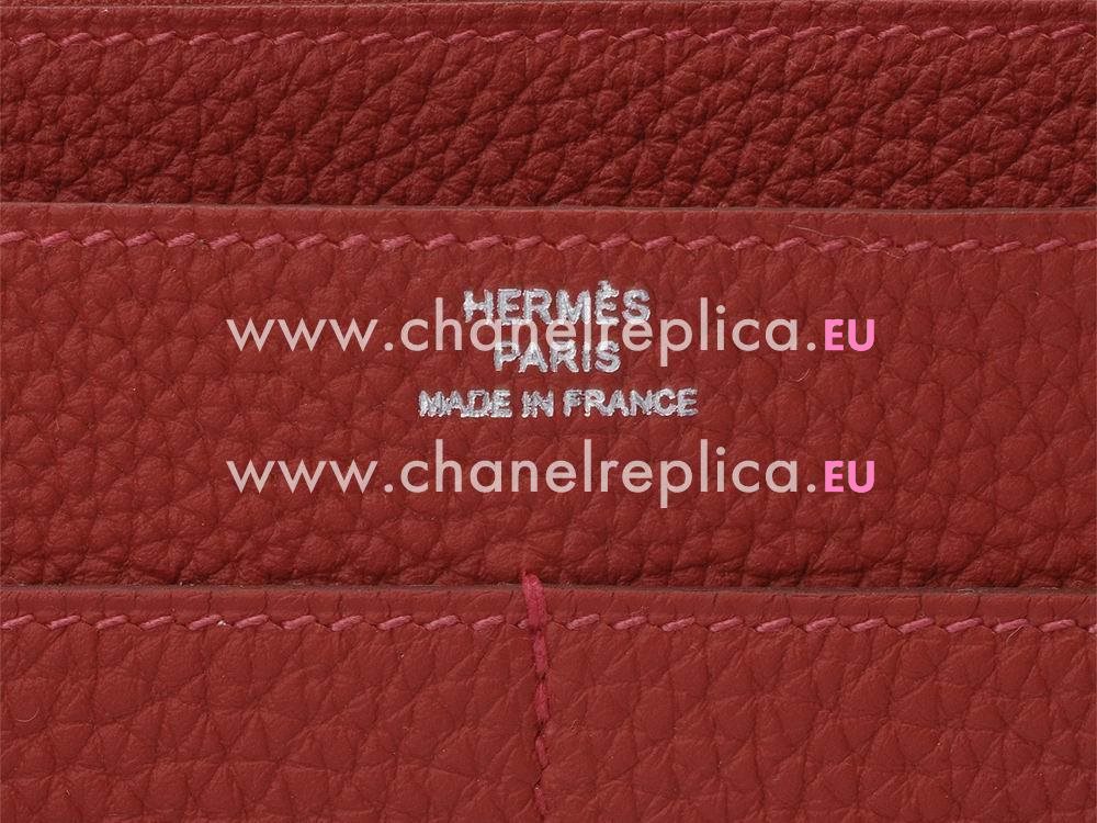 Hermes Dogon GM Togo Leather Long Wallet Silvery Hardware Red H49978