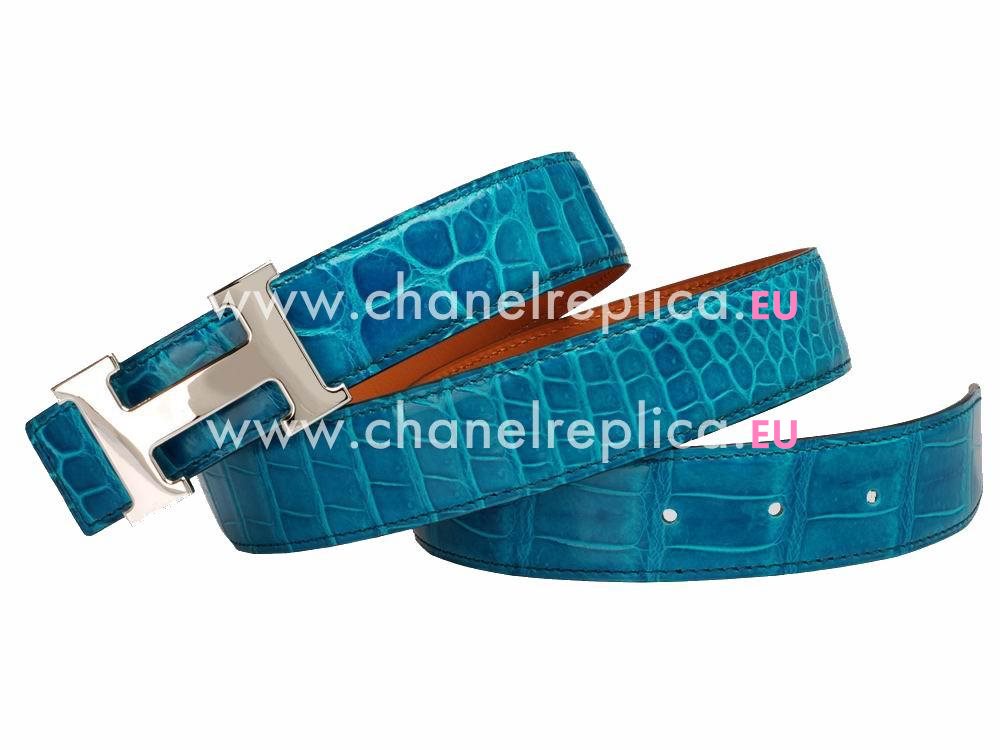 Hermes Big Silver H Logo Turkey Blue Crocodile Belt H535228