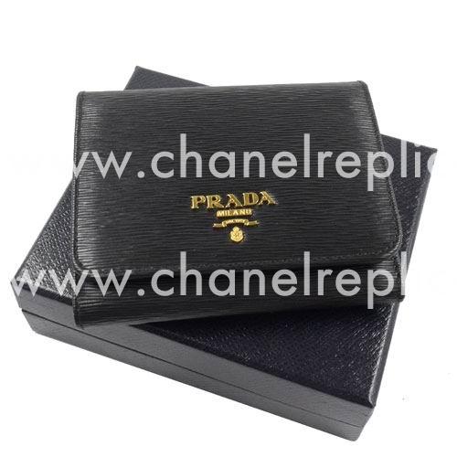 Prada Saffiano Classic Gold Embossment Logo Cowhide Wallet In Black PR61018011