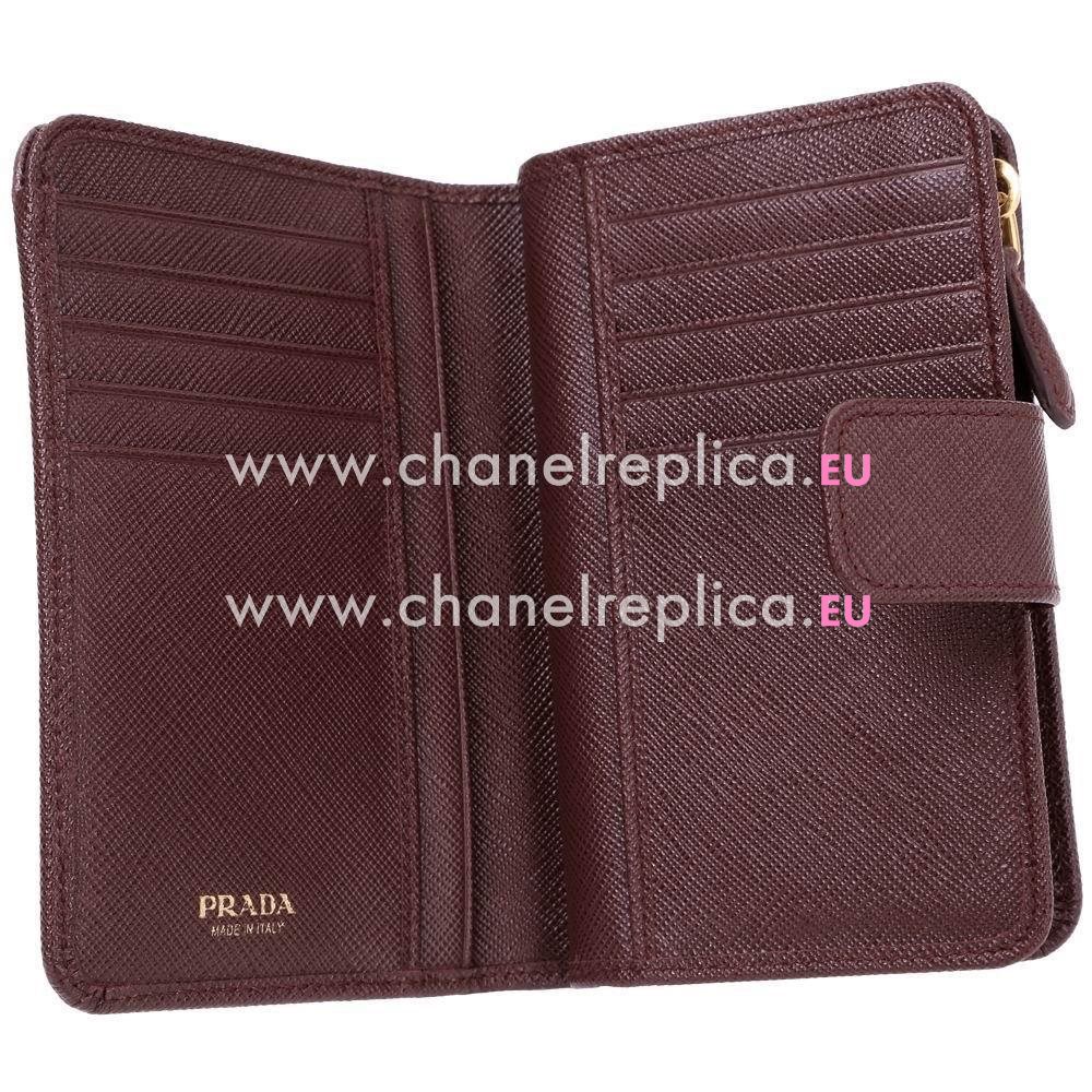 Prada Saffiano Embossment Logo Cowhide Zipper Wallet In Coffee Red PR61017033