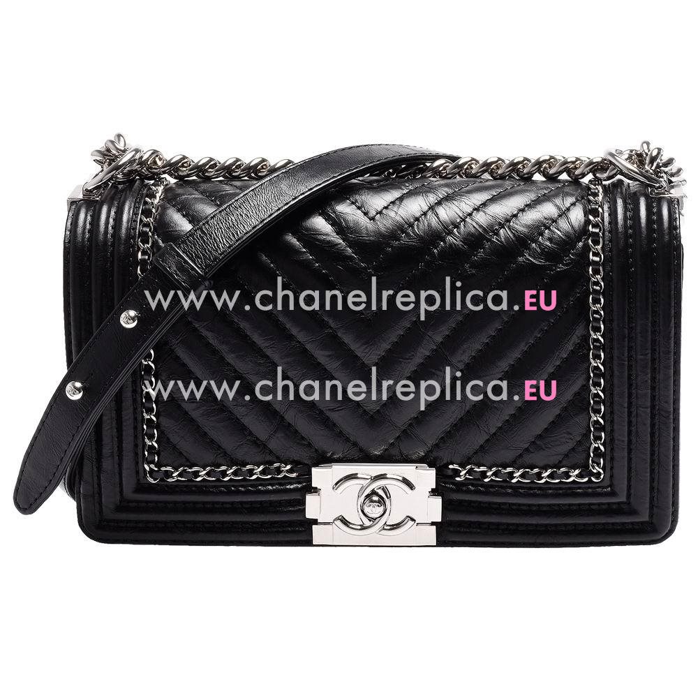 CHANEL Boy V Silvery Hardware Calfskin Bag in Black C7112904