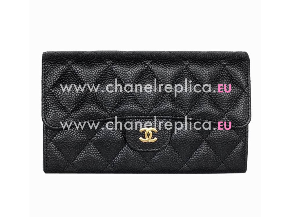 Chanel Classic Gold CC Caviar Long Wallet Black Gold C31506