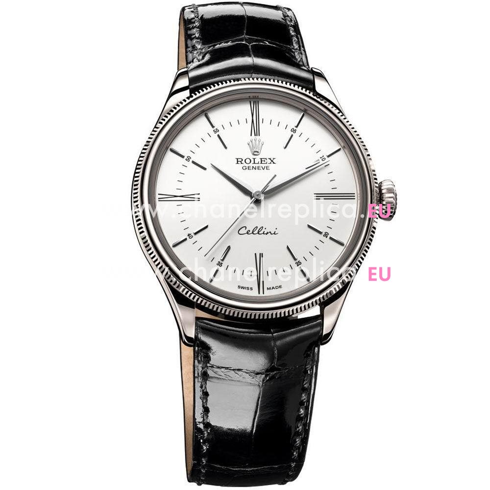 Rolex Cellini Time Automatic 39mm Crocodile Stainless Steel Watch White R7030708