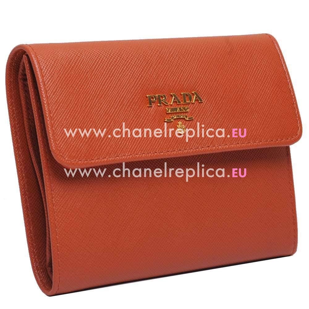 Prada Saffiano Metal Embossment Logo Cowhide Zipper Loose Change Wallet In Orange PR61017017