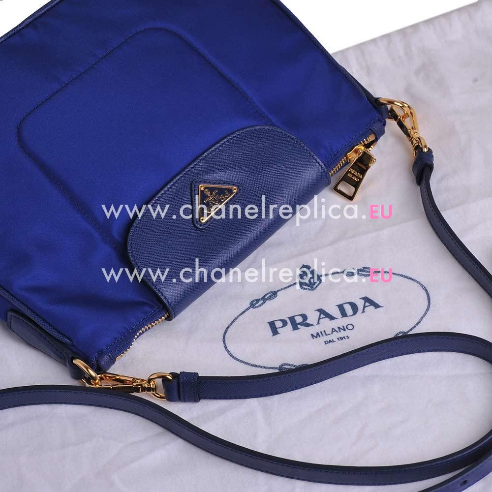 Prada Bandoliera Gold Triangle Logo Plate Cluch Bag Blue PBT0939