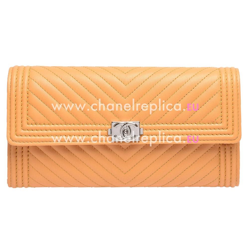 Chanel Lambskin Chevron Silver Lock 3Layers Boy Long Wallet Yellow C688011