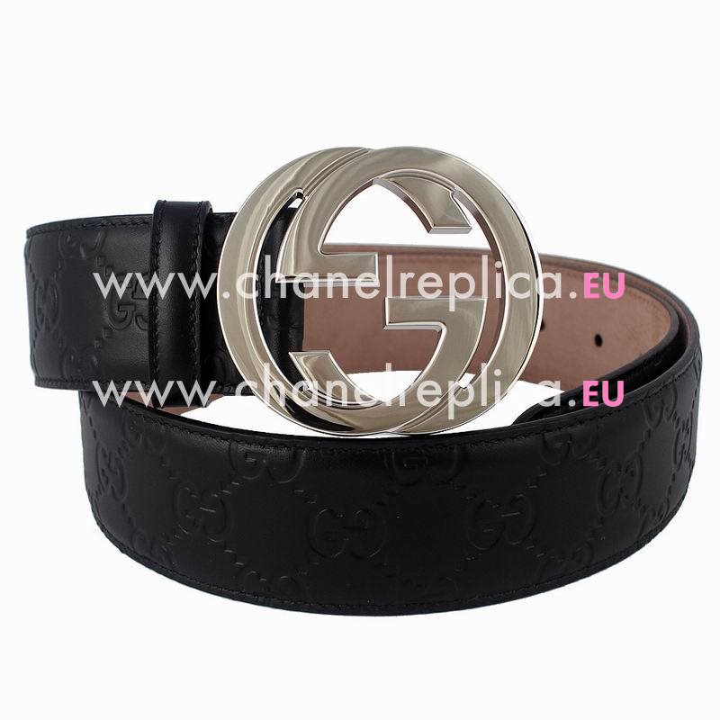 Gucci Guccissima Embossed Cowhide Silver Buckle Belt Black G5500489