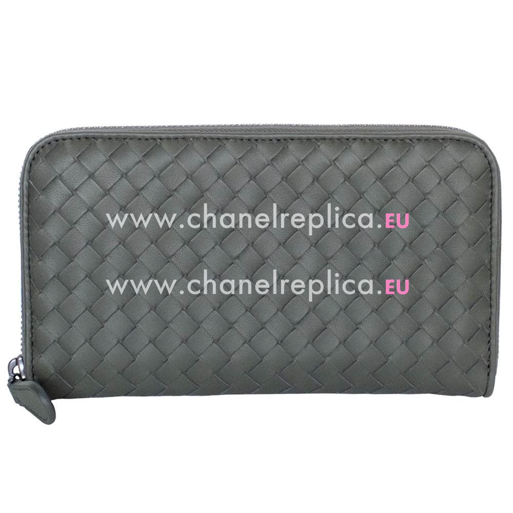 Bottega Veneta Classic Weave Zipper Nappa Wallet In Charcoal Grey B6110721