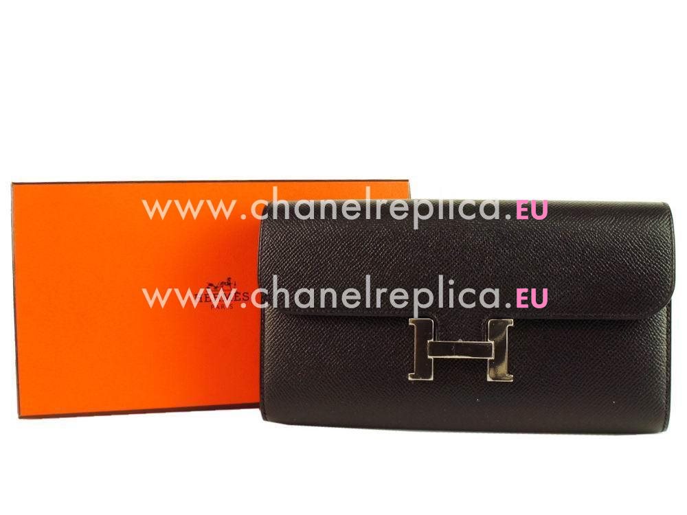 Hermes Kelly Epsom Leather Long Wallet Silvery Hardware Black H3569845