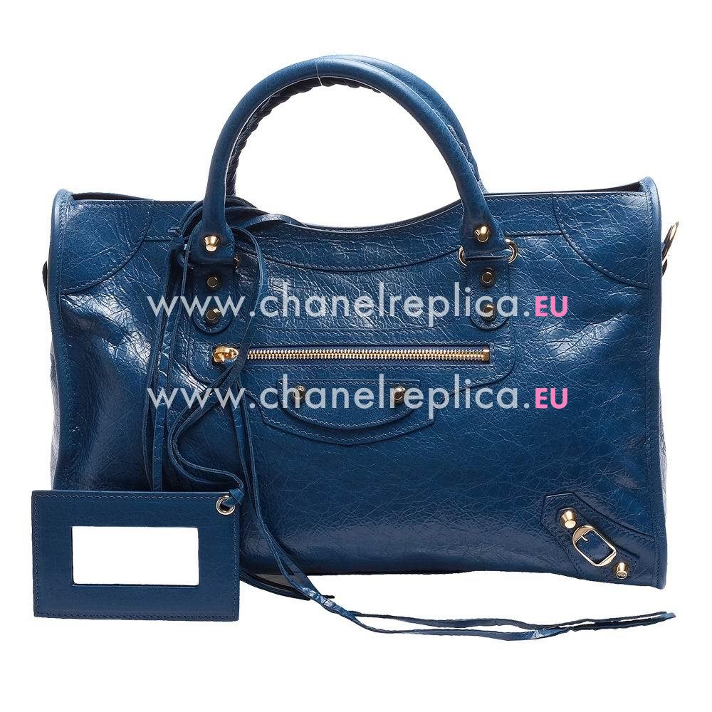 Balenciaga Classic City Gold Button Sheepskin Motorcycle Bag Blue B7021404