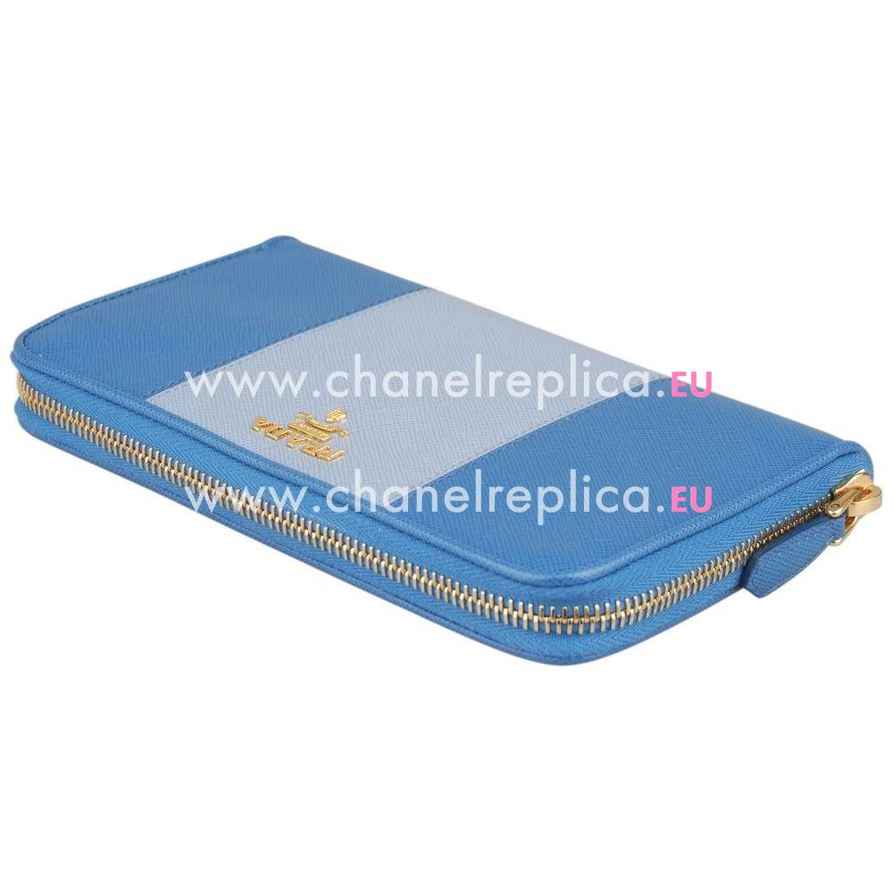 Prada Saffiano Gold Embossment Logo Cowhide Zipper Wallet In Blue PR61018009