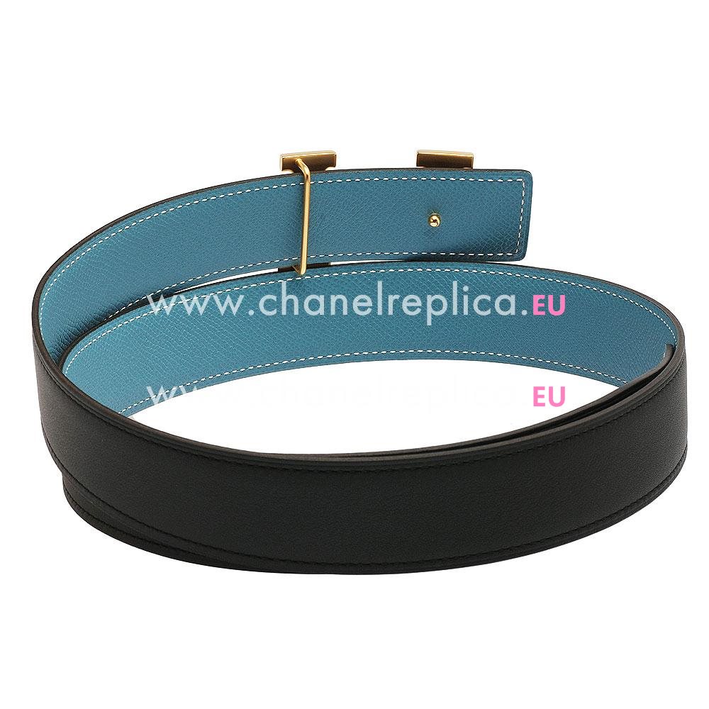 Hermes Gold H Buckle Black-Sky blue Calfskin-Epsom Two-sided Belt H559N10