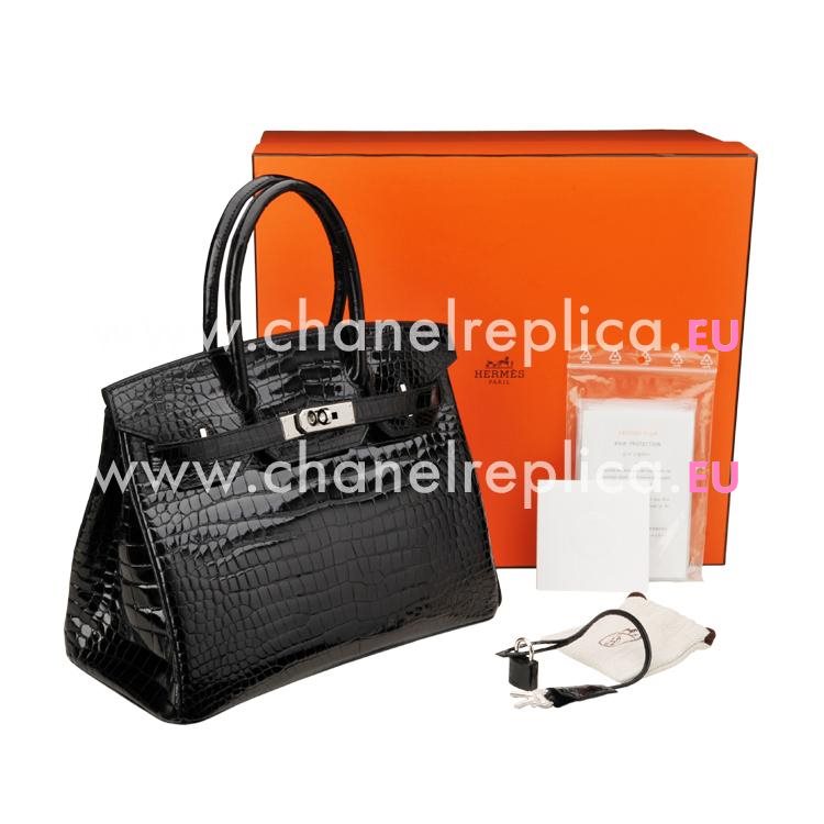 Hermes Birkin 30 Shiny Black Porosus Crocodile Palladium Hand Sew H1030SPC