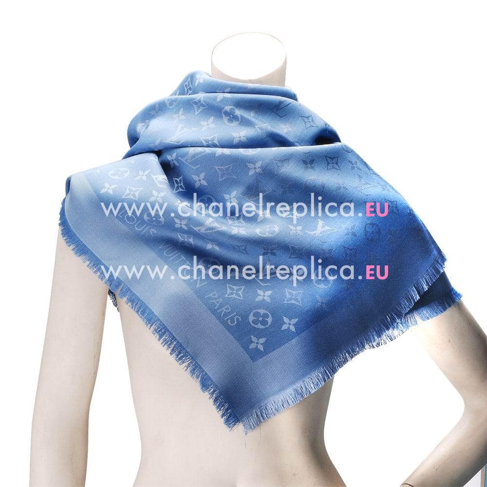 Louis Vuitton Classic Mongram Silk Wool Shawl Bleuet M75697