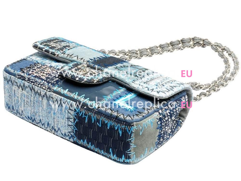 Chanel Denim Patchwork Flap Bag With Silver Chain (blue) A65468