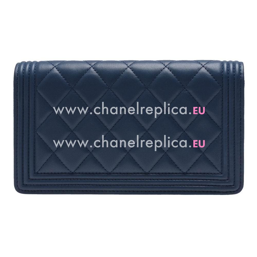 Chanel Lambskin Anti-gold Lock Boy Long Wallet Navy Blue A879098
