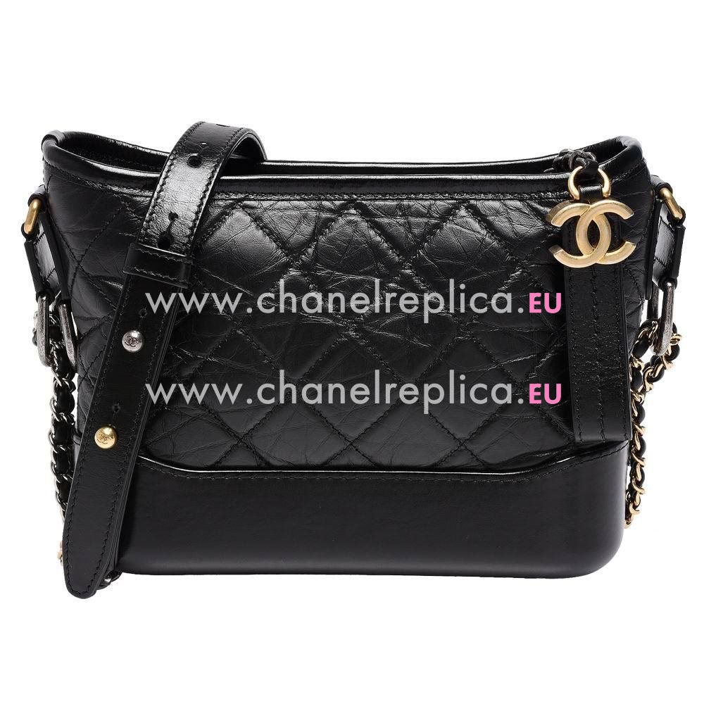Chanel Calfskin Gabrielle Silver-Tone & Gold-Tone Hobo Crossbody Bag Black A849712