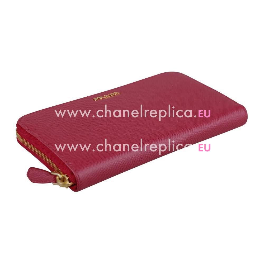 Prada Saffiano Classic Gold Embossment Logo Cowhide Zipper Wallet In Deep Pink PR61018014