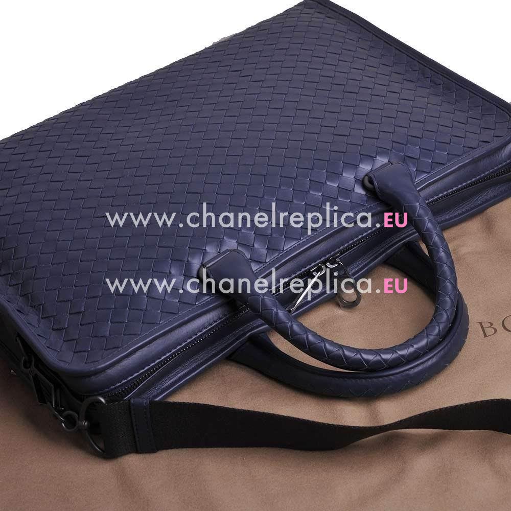 Bottega Veneta Classic Calfskin Leather Woven Briefcase Dark Blue B5045757