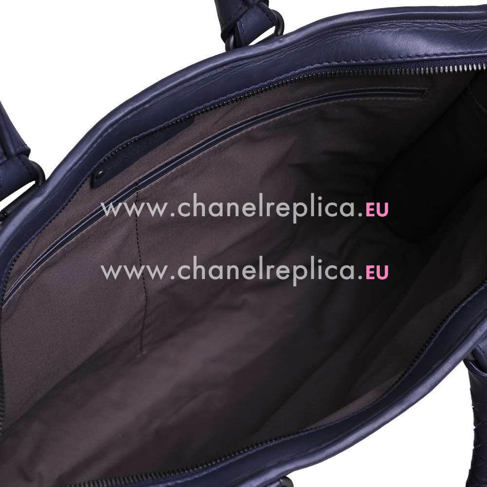 Bottega Veneta Classic Calfskin Leather Woven Briefcase Dark Blue B5045757