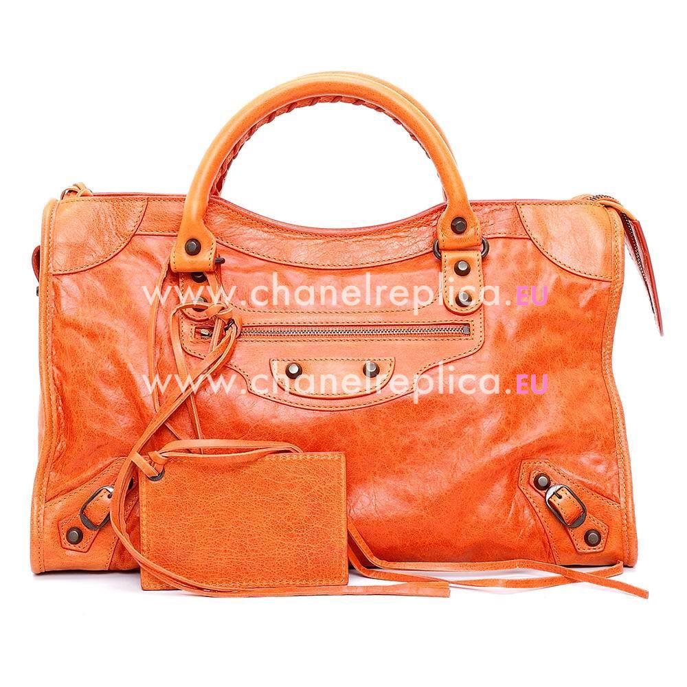 Balenciaga City Copper Button Lambskin Motorcycle Bag Orange B7021401