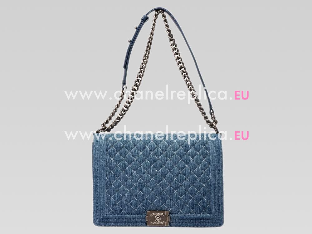 Chanel Denim/Calfskin Antique-Silver Chain 30cm Boy Bag Blue A47584