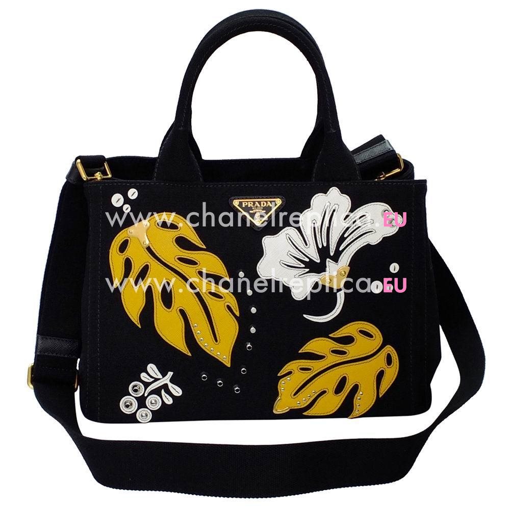 Prada Three-dimensional flowers Canvas Triangle Logo bag Black P7021314