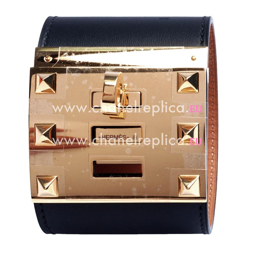 Hermes Goat Skin Collier De Chien Rivets of Metal Bracelet Black/Gold HE57909