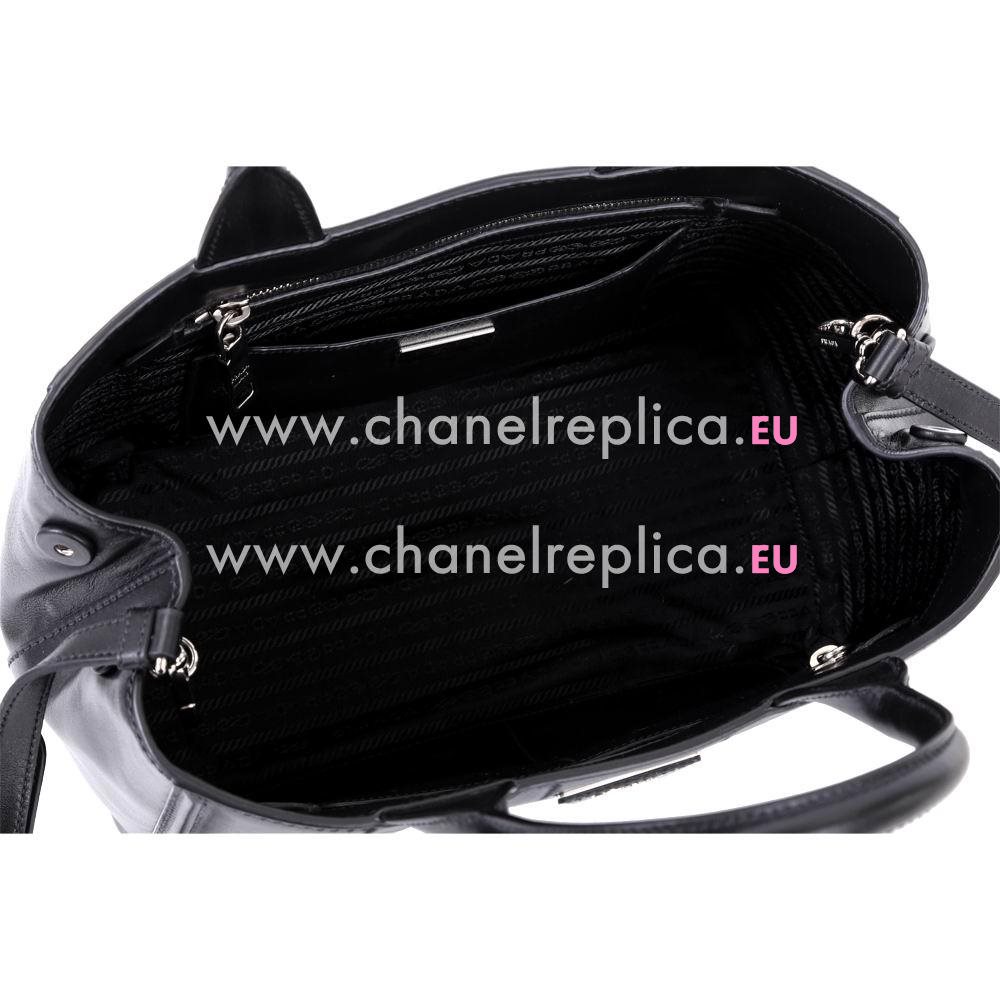 Prada Canapa Stampata Triangle Logo Calfskin Tote Bag Black PR564D90