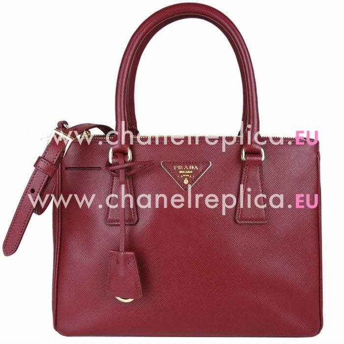 Prada Saffiano Lux Gold Triangle Logo Medium Bag Wine Red PB1BA863