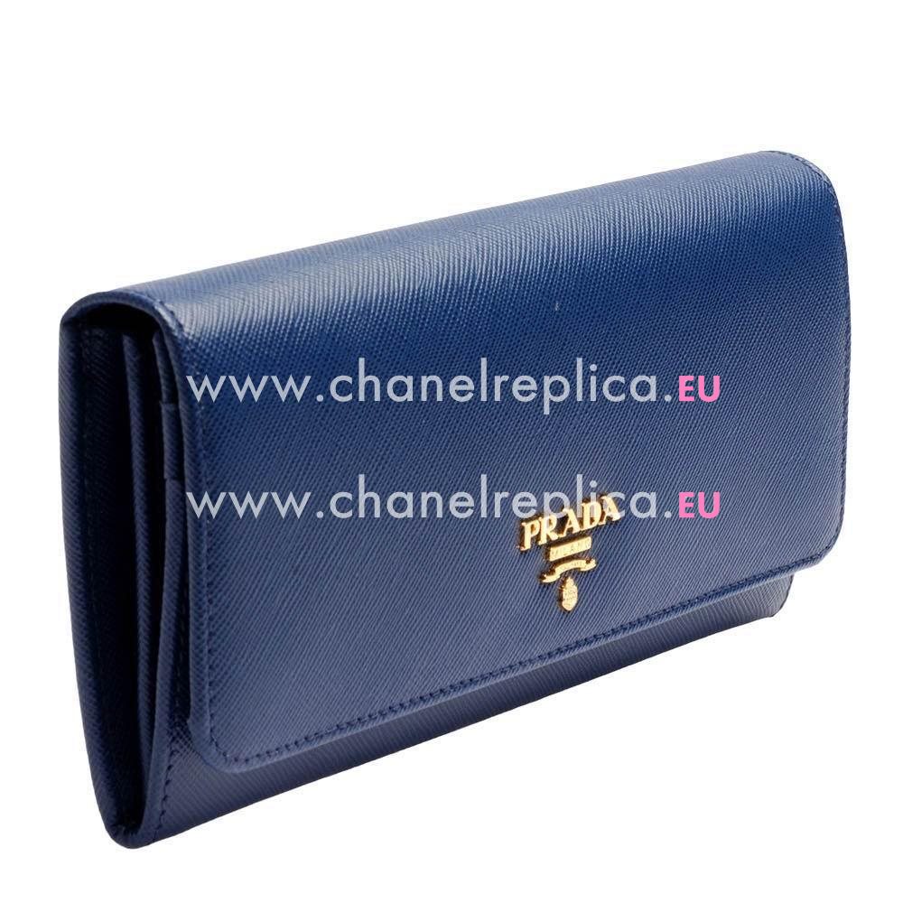 Prada Saffiano Gold Embossment Logo Cowhide Wallet In Deep Blue PR5974259