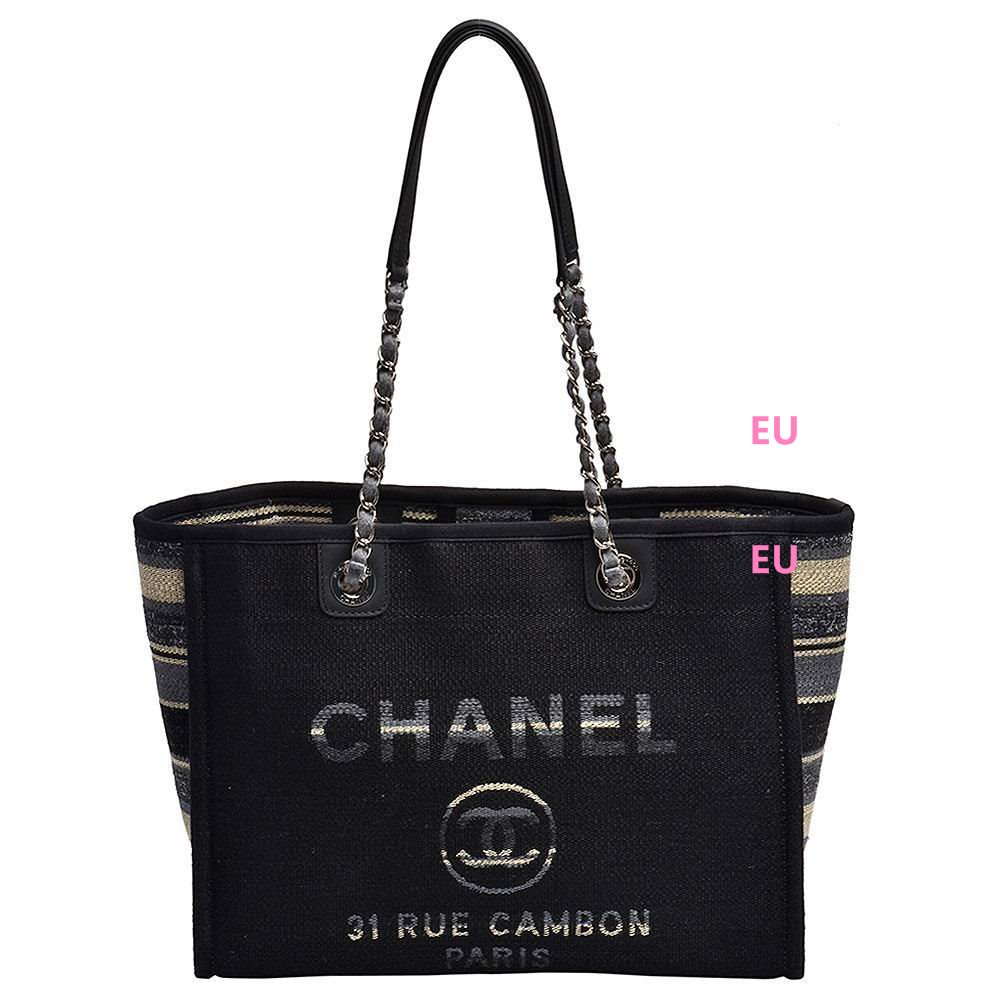 Chanel Toile Canvas Deauville Chain Shoulder Tote Bag Black/Gray A67001SSY