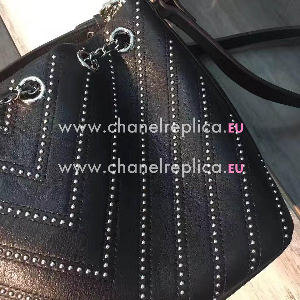 CHANEL Drawstring Studded Calfskin Silvery Tone Bag Black C7060701