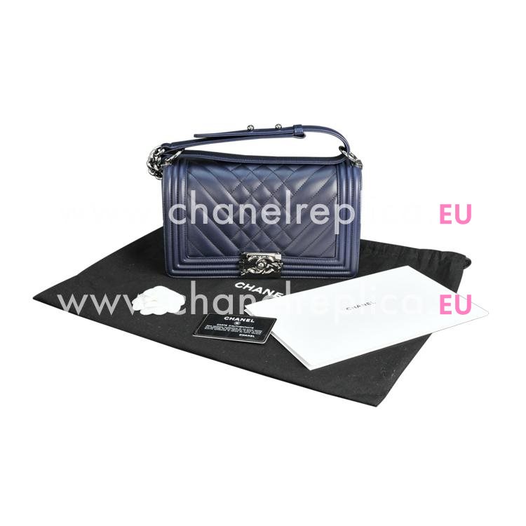 Chanel Dark Cran Lambskin Boy Bag Silver Chain A90191L-BLUE