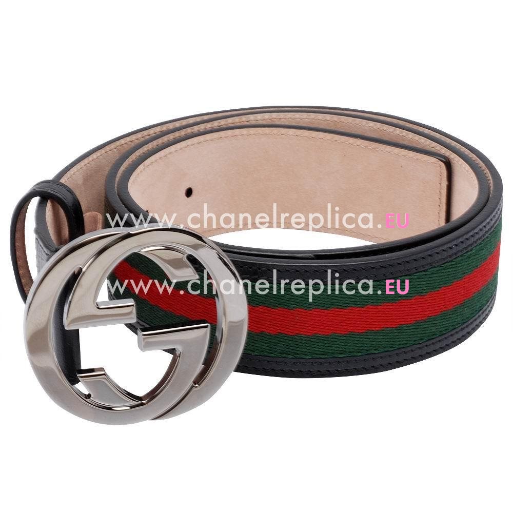Gucci Cowhide Green/Red Fabric Silver Buckle Belt G4556894