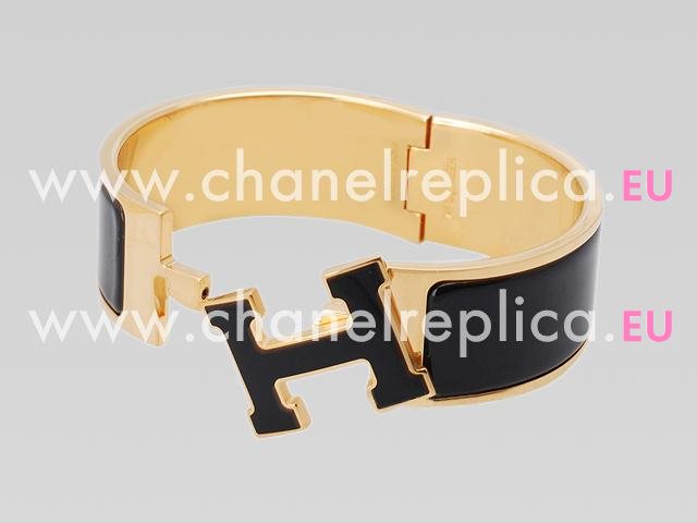 Hermes Enamelled Size Click H Logo Bracelet Black&Gold HE58968