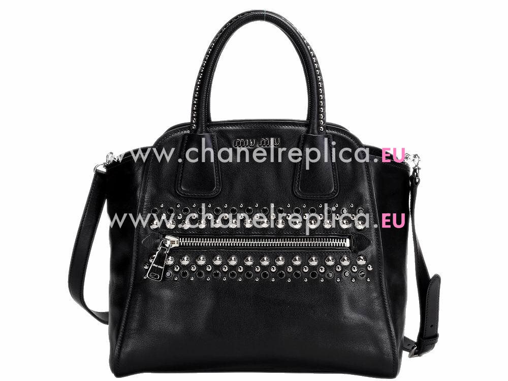 Miu Miu Vitello Calfskin With Studs Handbag In Black MIU534454